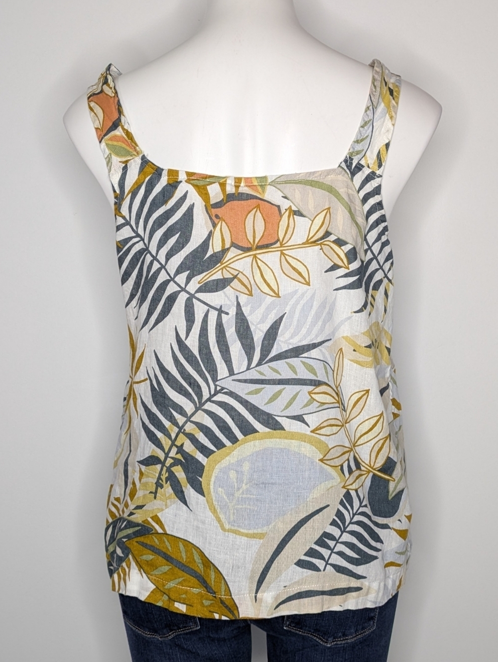 C&C California White Yellow Blue Tropical Square Neck Linen Button Up Tank Top M - Picture 5 of 8
